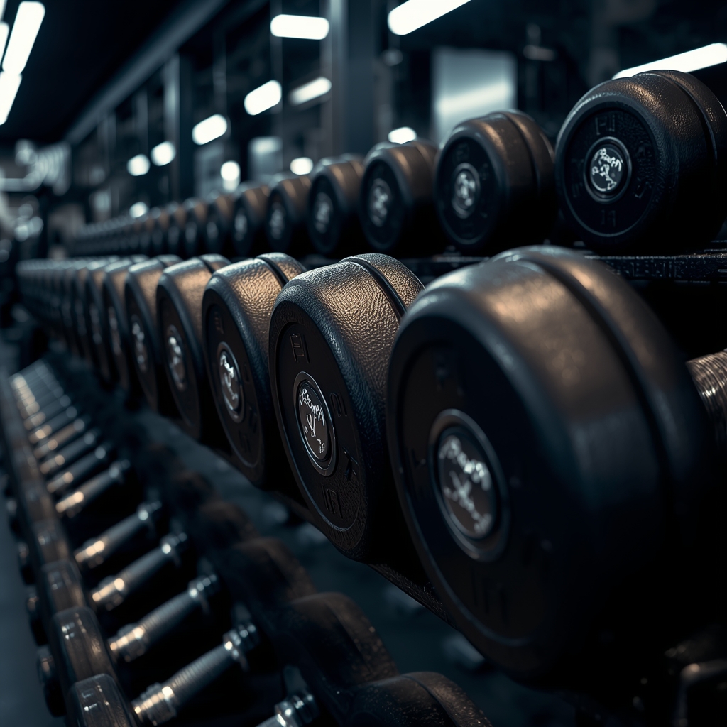 a close up of heavy dumbbells lined up on a rack in a premium fitness center, dramatic lighting, highly realistic texture, 8k, photorealistic --no woman